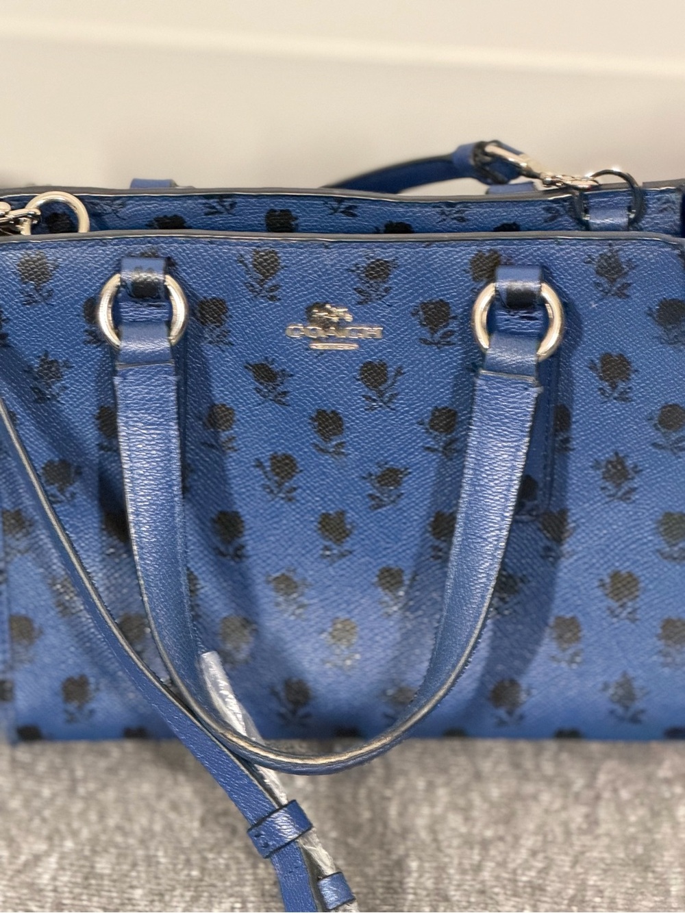 Coach Blue Black Crosby Badlands Rose Print Crossgrain Leather Tote Ren Floral